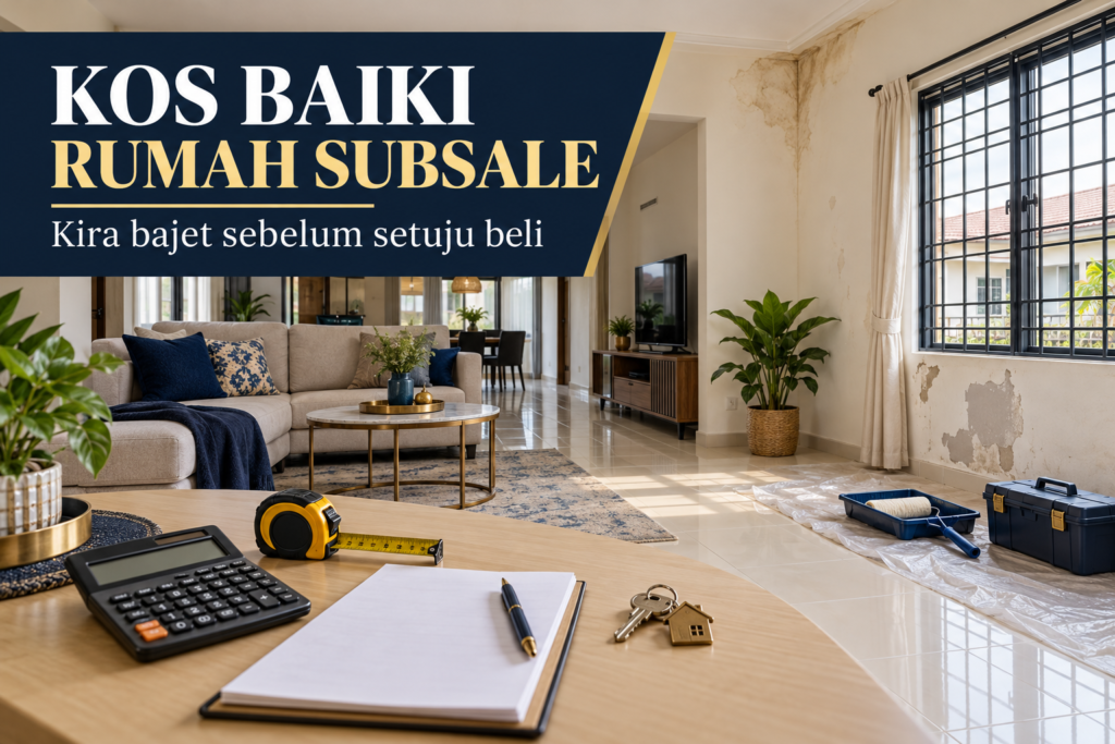 Ruang tamu rumah subsale yang memerlukan pembaikan dinding serta peralatan untuk mengira bajet sebelum membeli.