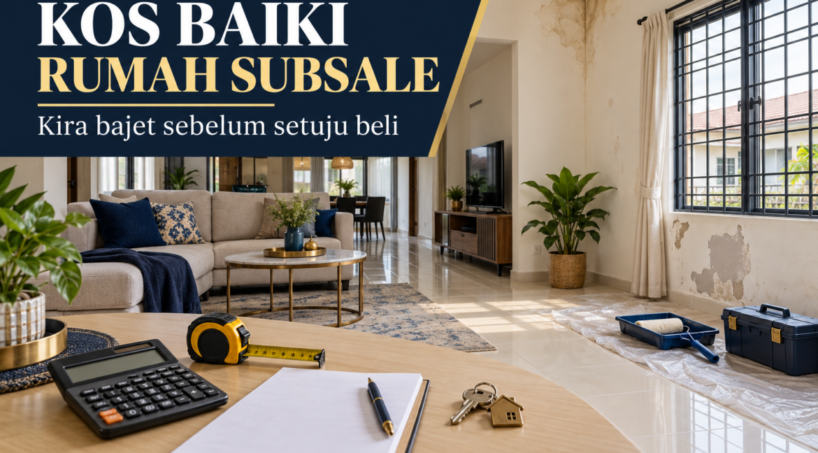 Ruang tamu rumah subsale yang memerlukan pembaikan dinding serta peralatan untuk mengira bajet sebelum membeli.